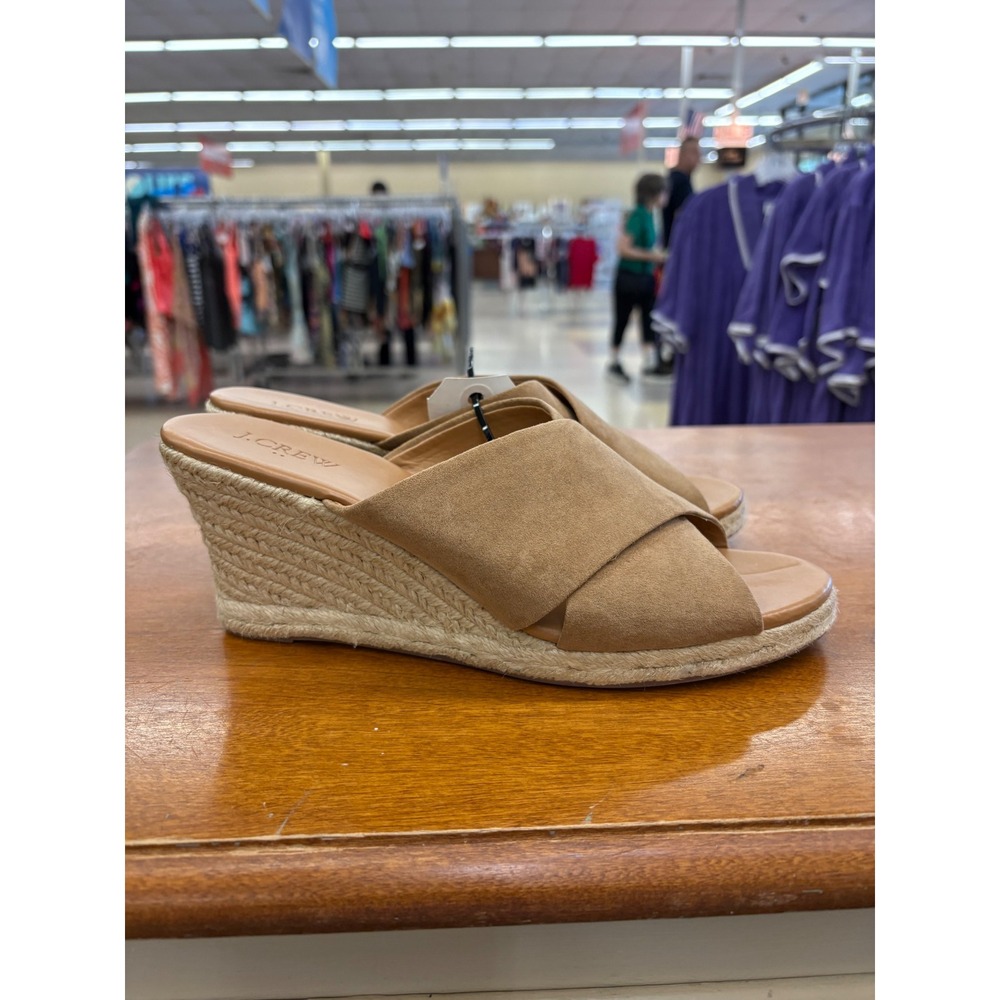 J.Crew Womens Tan Suede Crisscross Espadrille Wedge Sandals Peep Toe Slide 9.5